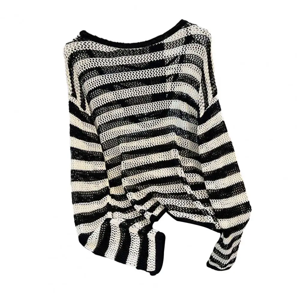 Off Shoulder Backless Striped Cropped Sweater Women Vintage Oversize Knit Jumper Female Autumn Long Sleeve O-neck Pullovers Tops