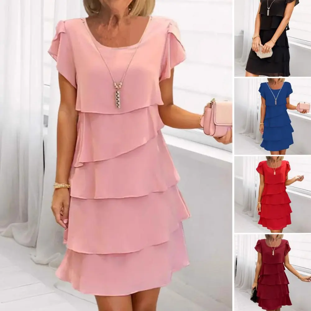 Women Plus Size Chiffon Dress Short Sleeve Elegant O-Neck Solid Party Irregular Layered Petal Sleeve Summer Fashion Maxi Dress