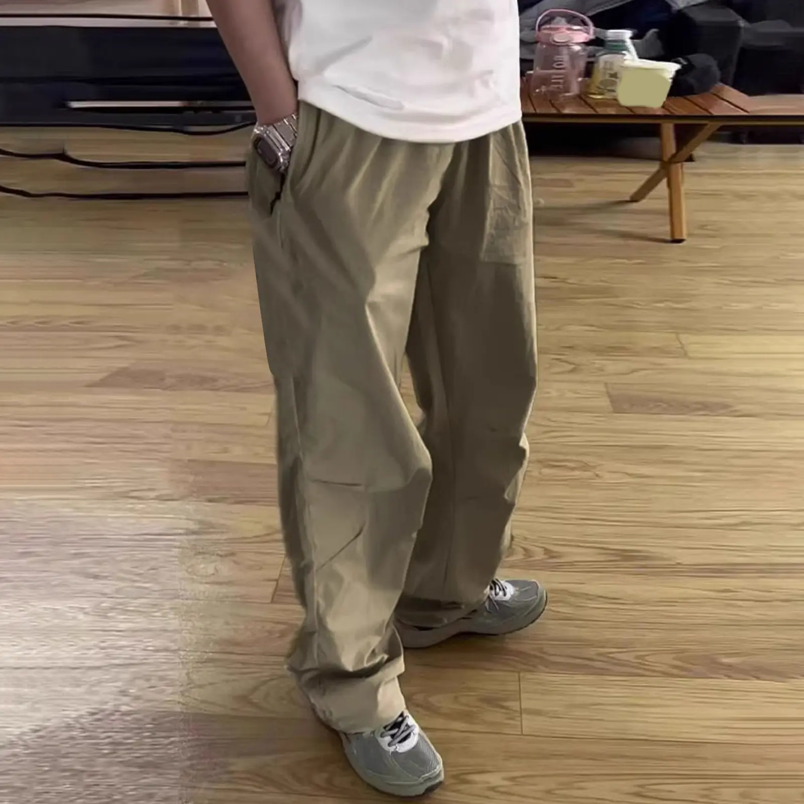 Loose Fit Cargo Pants for Men Solid Streetwear Tooling Trousers Mid-waist Beam Feet Parachute Pants ﻿