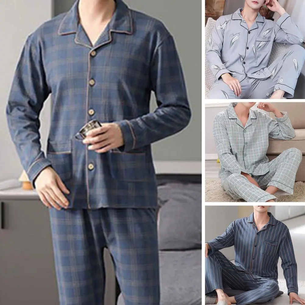 Family Jammies Stylish Men's Spring/autumn Pajama Set with Lapel Collar Long Sleeve Quick Drying Print Family for Comfort