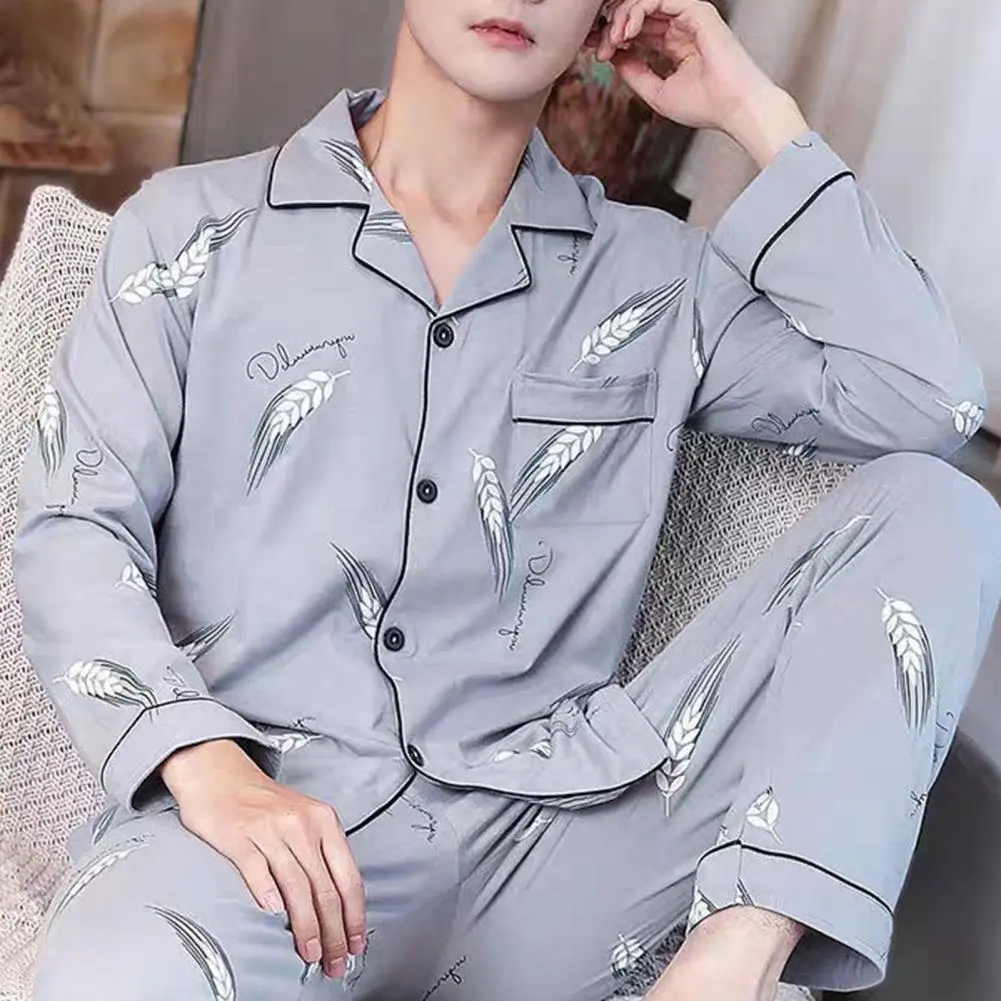 Family Jammies Stylish Men's Spring/autumn Pajama Set with Lapel Collar Long Sleeve Quick Drying Print Family for Comfort
