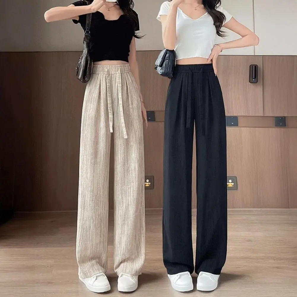 Slack Linen Wide-leg Pants Summer Loose Versatile Drawstring Straight White Casual Trousers Korean Fashion