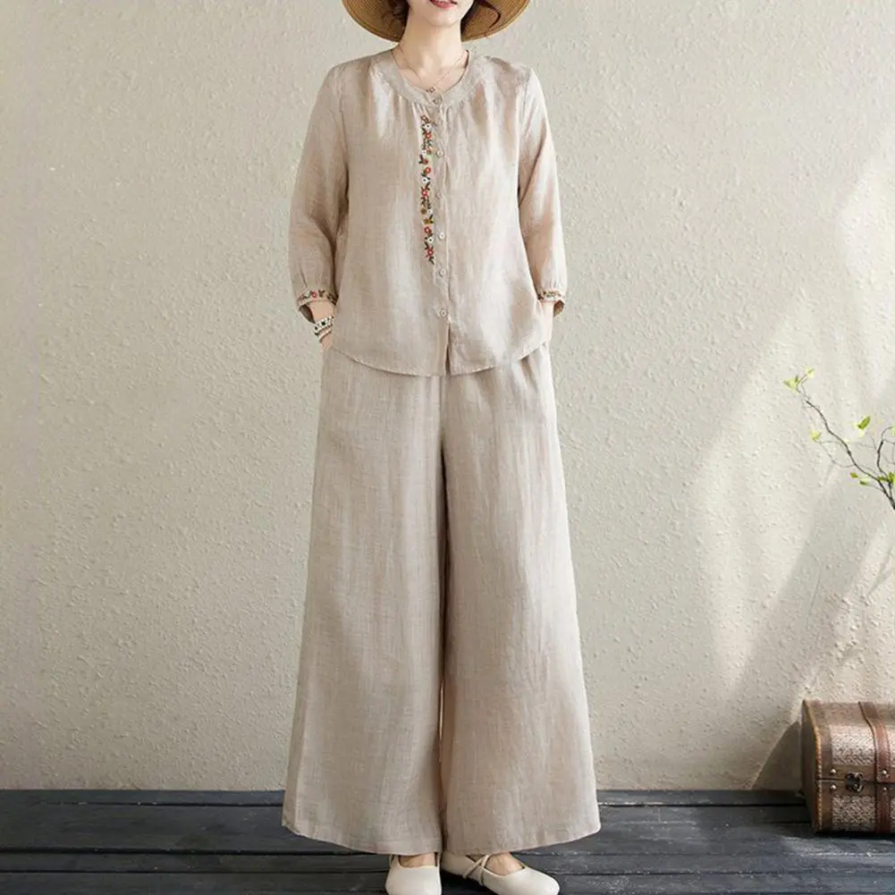 Cotton Linen Woman Embroidery Floral Blouses Pants Sets Casual Holiday Loose 3/4 Sleeves Shirts Straight Trousers Lady Suits