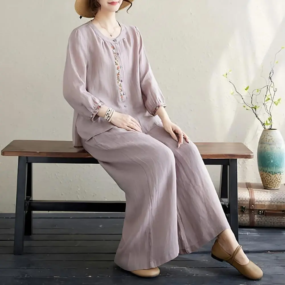 Cotton Linen Woman Embroidery Floral Blouses Pants Sets Casual Holiday Loose 3/4 Sleeves Shirts Straight Trousers Lady Suits