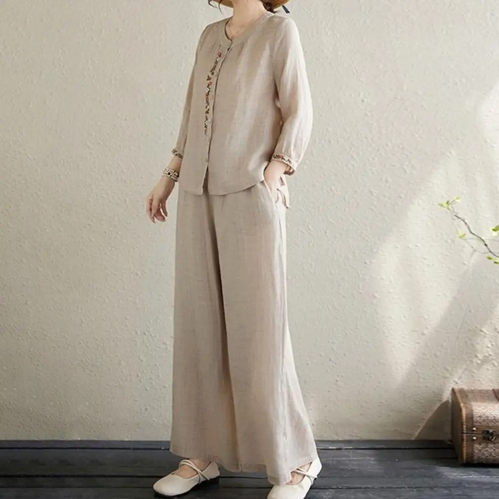 Cotton Linen Woman Embroidery Floral Blouses Pants Sets Casual Holiday Loose 3/4 Sleeves Shirts Straight Trousers Lady Suits