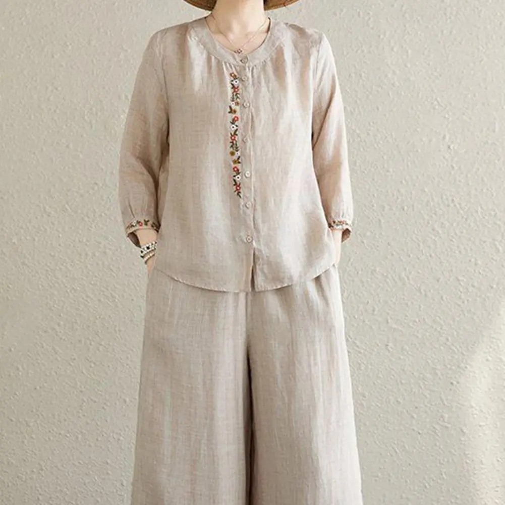 Cotton Linen Woman Embroidery Floral Blouses Pants Sets Casual Holiday Loose 3/4 Sleeves Shirts Straight Trousers Lady Suits
