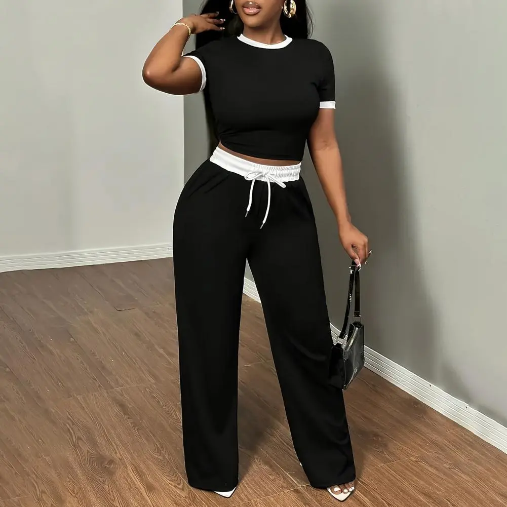 Contemporary Drawstring Waist Top Pants Set Stylish Women's Summer Crop Top Wide Leg Pants Set Casual Lounge Tracksuit for Women