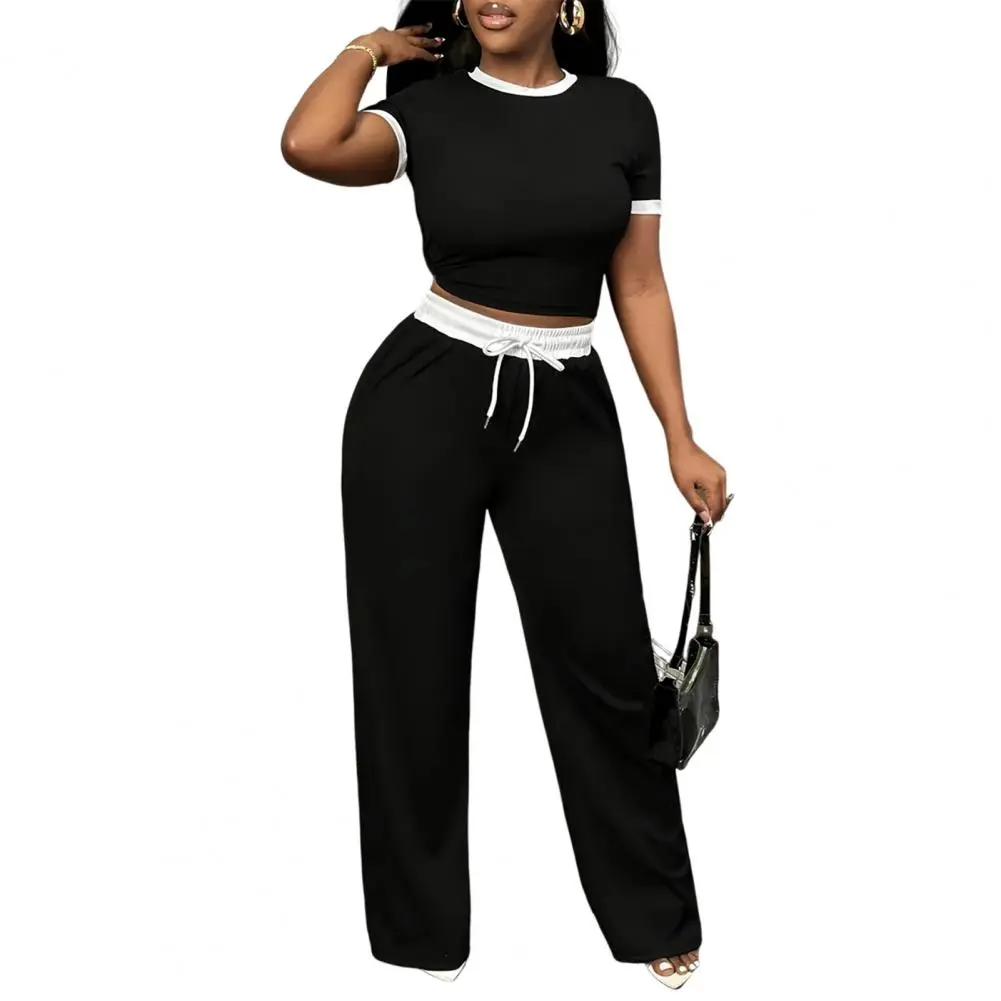 Contemporary Drawstring Waist Top Pants Set Stylish Women's Summer Crop Top Wide Leg Pants Set Casual Lounge Tracksuit for Women