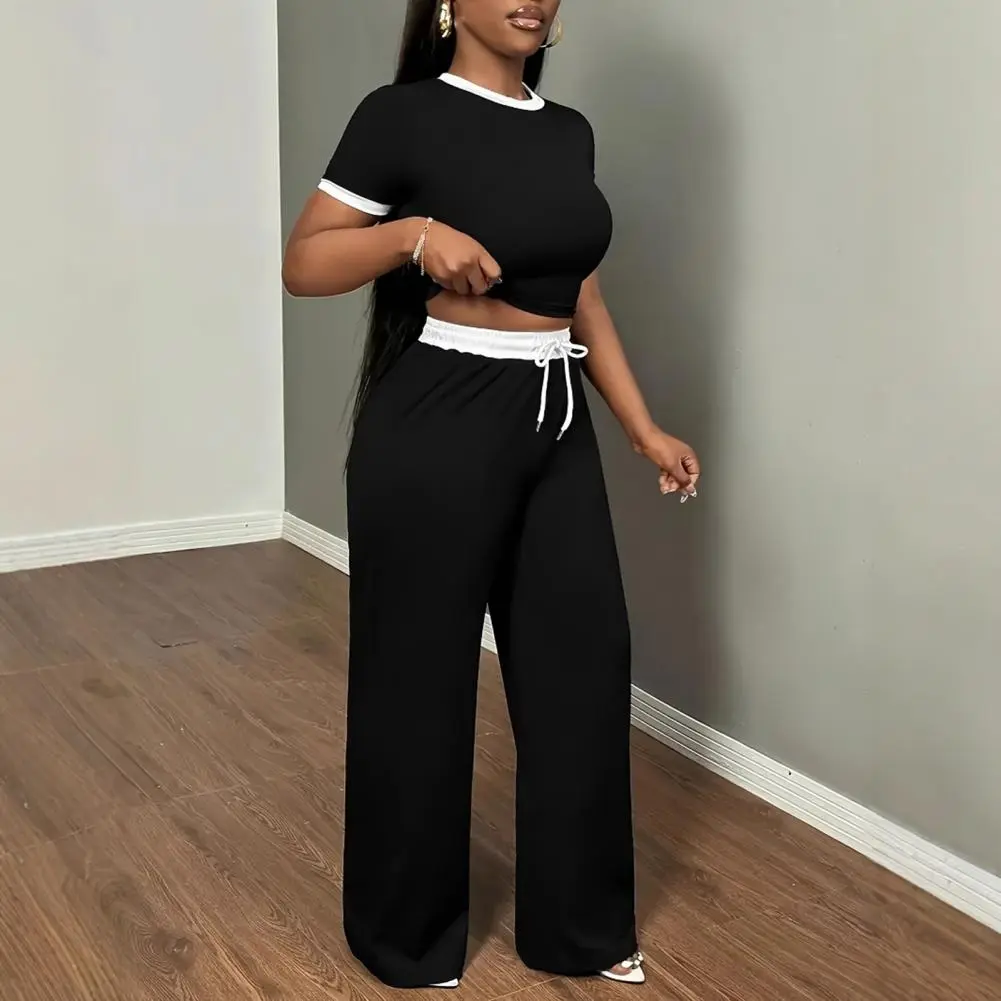 Contemporary Drawstring Waist Top Pants Set Stylish Women's Summer Crop Top Wide Leg Pants Set Casual Lounge Tracksuit for Women