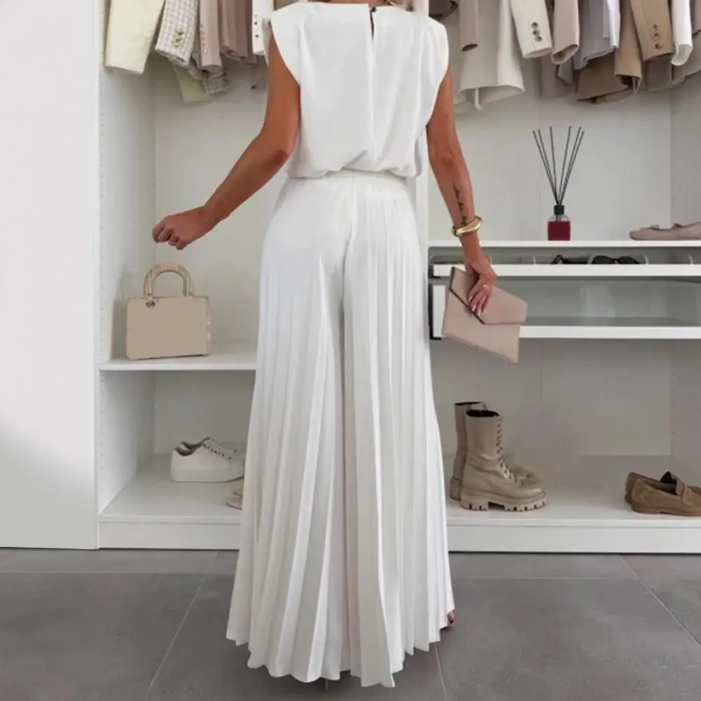 Sleeveless Shirt And Blouses Solid Crop Top Straight Print Wide Leg Long Pant Suits 2-pieces Casual Autumn Woman Sets Outfit