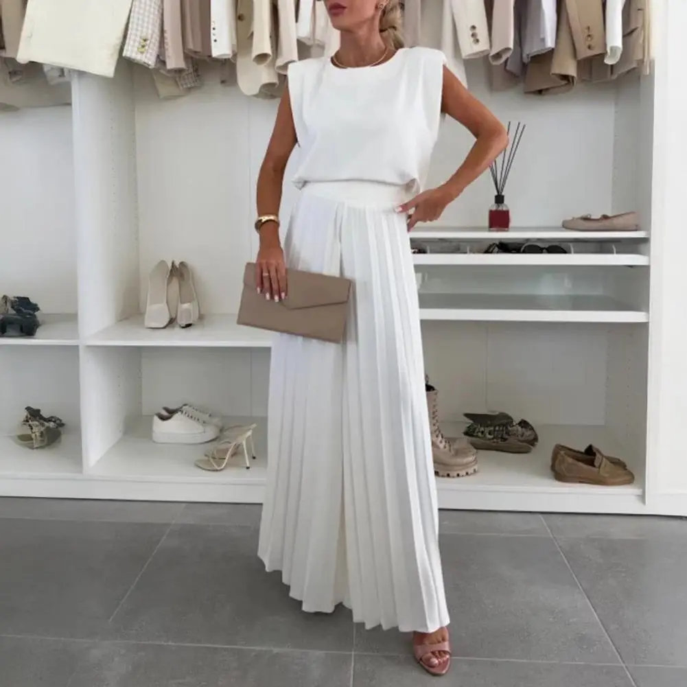 Sleeveless Shirt And Blouses Solid Crop Top Straight Print Wide Leg Long Pant Suits 2-pieces Casual Autumn Woman Sets Outfit