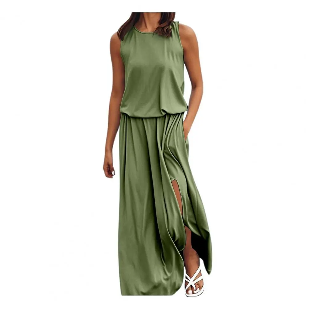 Women Vacation Dress Elegant Maxi Dress with Pockets for Women Solid Color Split Hem Beach Dress with High Waist Elastic Round