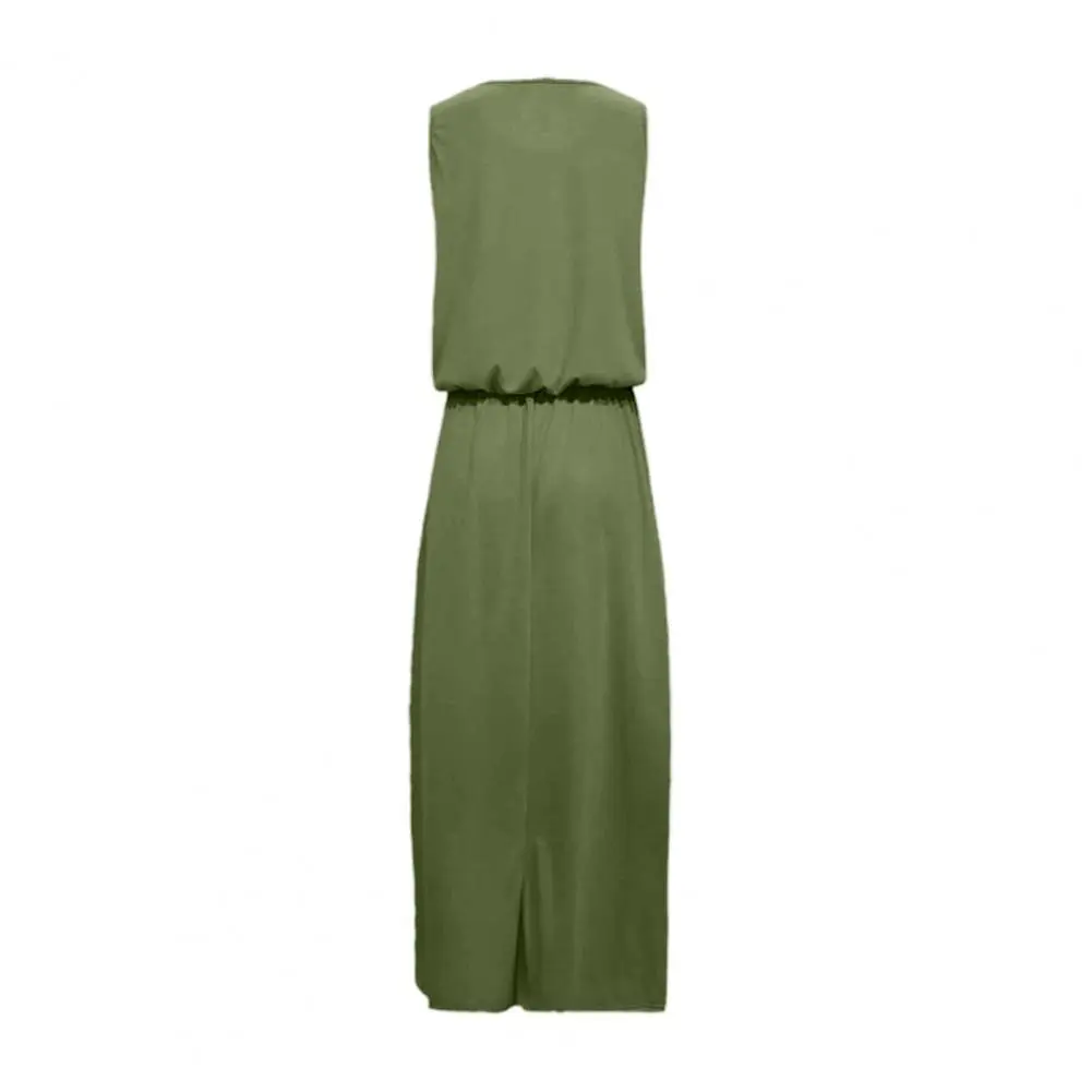Women Vacation Dress Elegant Maxi Dress with Pockets for Women Solid Color Split Hem Beach Dress with High Waist Elastic Round