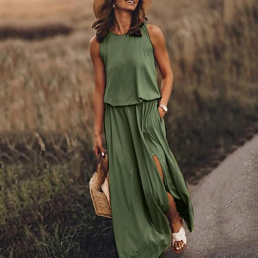 Women Vacation Dress Elegant Maxi Dress with Pockets for Women Solid Color Split Hem Beach Dress with High Waist Elastic Round