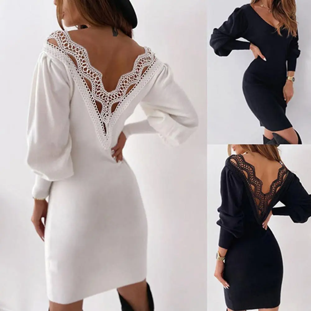 Women Knitted Bodycon Sweater Dress Summer Female Long Sleeve Knitwear Pullover Kneen Length Party Dresses Lace Backless