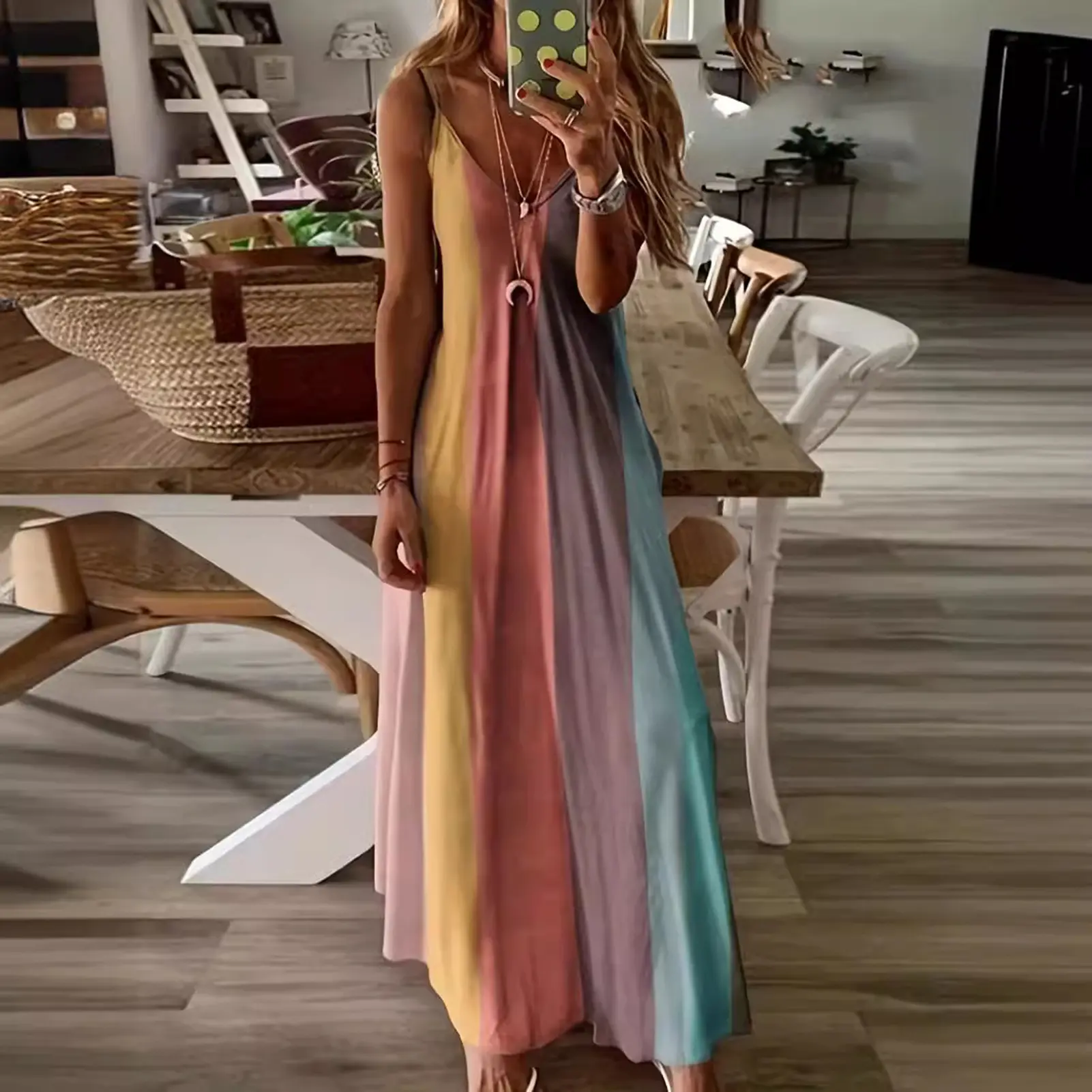 2023 Women Fashion Summer V Neck Dresses for Women Spaghetti Strap Maxi Dress Big Swing A-Line Loose Women Dress