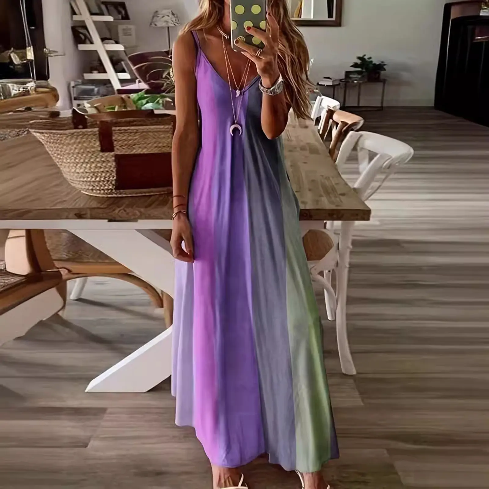 2023 Women Fashion Summer V Neck Dresses for Women Spaghetti Strap Maxi Dress Big Swing A-Line Loose Women Dress