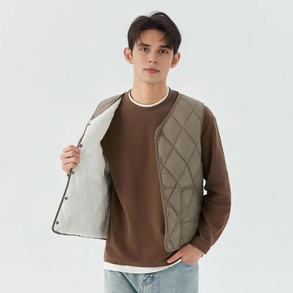 Warm Vest Men's Winter Waistcoat with Thickened Velvet Lining Pockets Single Breasted Solid Color Vest Coat for Cold Weather No