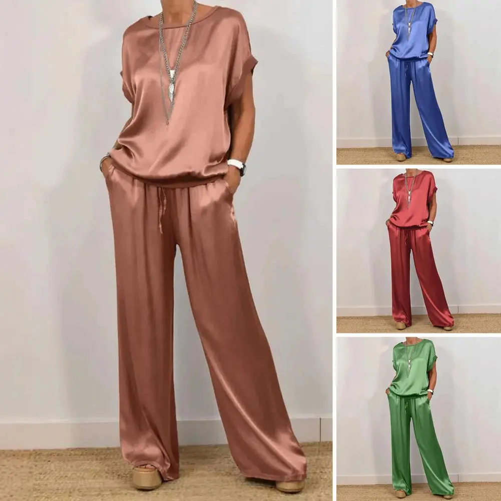 Elegant Woman Silk Summer Suit Sexy 2 Piece Sets Female Summer Tops+High Waist Long Pants Beach Vacation Home Matching Suits