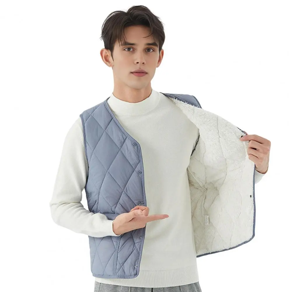Warm Vest Men's Winter Waistcoat with Thickened Velvet Lining Pockets Single Breasted Solid Color Vest Coat for Cold Weather No