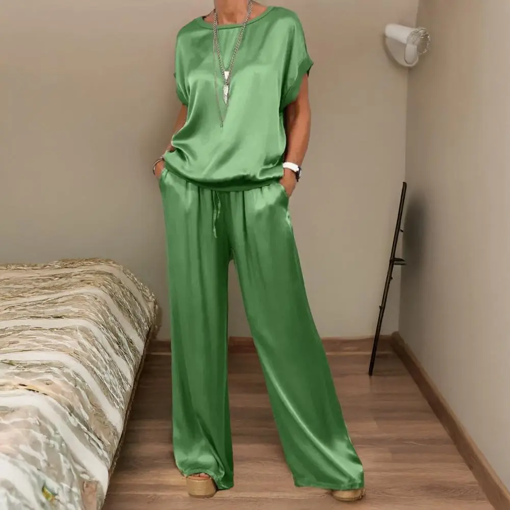 Elegant Woman Silk Summer Suit Sexy 2 Piece Sets Female Summer Tops+High Waist Long Pants Beach Vacation Home Matching Suits