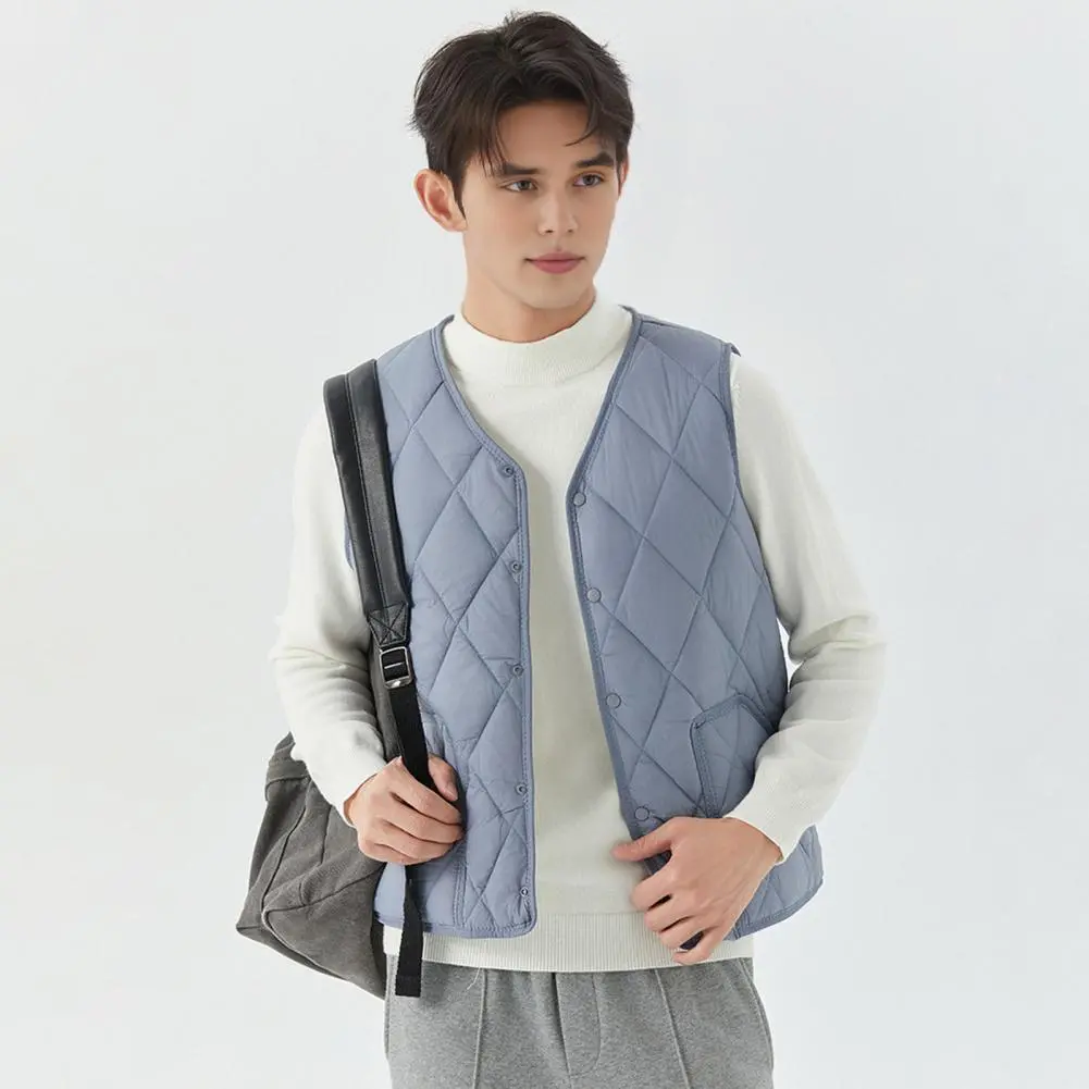 Warm Vest Men's Winter Waistcoat with Thickened Velvet Lining Pockets Single Breasted Solid Color Vest Coat for Cold Weather No