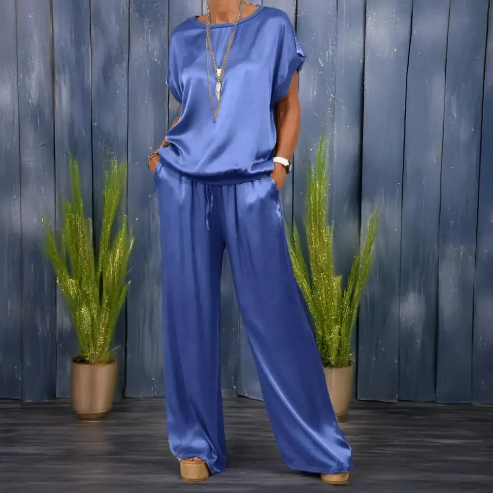 Elegant Woman Silk Summer Suit Sexy 2 Piece Sets Female Summer Tops+High Waist Long Pants Beach Vacation Home Matching Suits