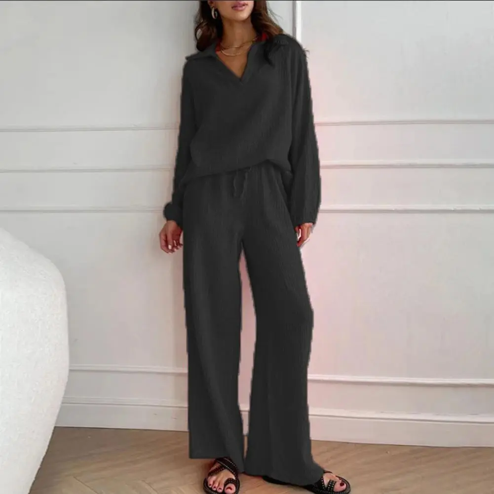 Solid Cotton Shirt Pants Set Women Casual V Neck Full Sleeve Blouse Loose Wide Leg Trousers 2025 New Lady Holiday Outfits