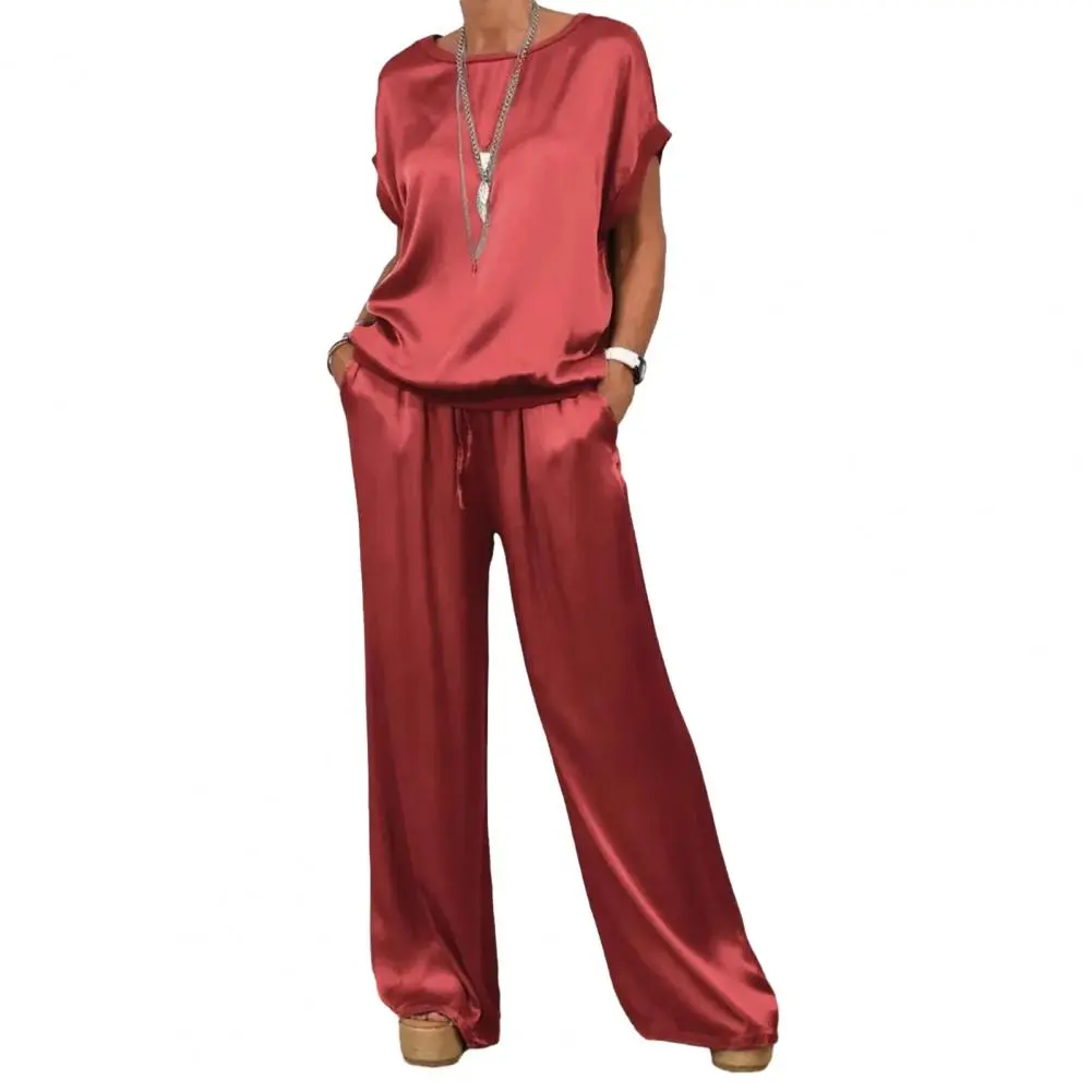 Elegant Woman Silk Summer Suit Sexy 2 Piece Sets Female Summer Tops+High Waist Long Pants Beach Vacation Home Matching Suits