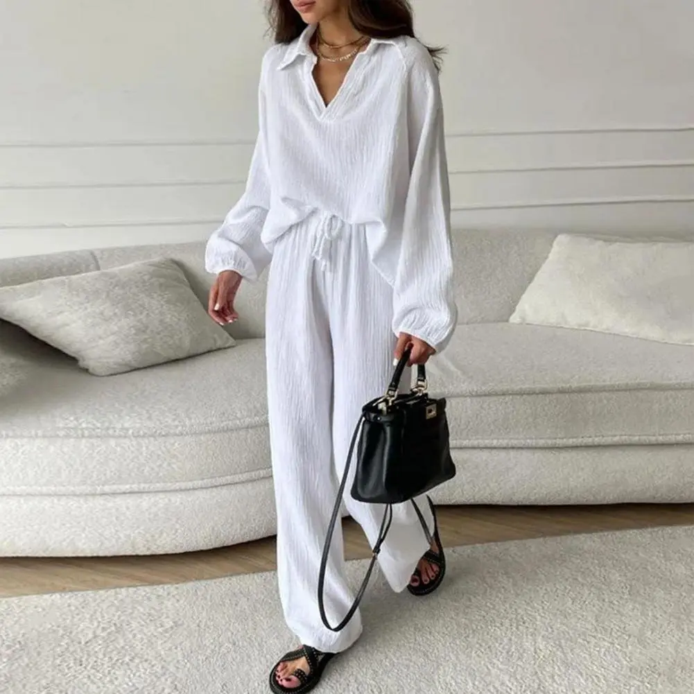 Solid Cotton Shirt Pants Set Women Casual V Neck Full Sleeve Blouse Loose Wide Leg Trousers 2025 New Lady Holiday Outfits