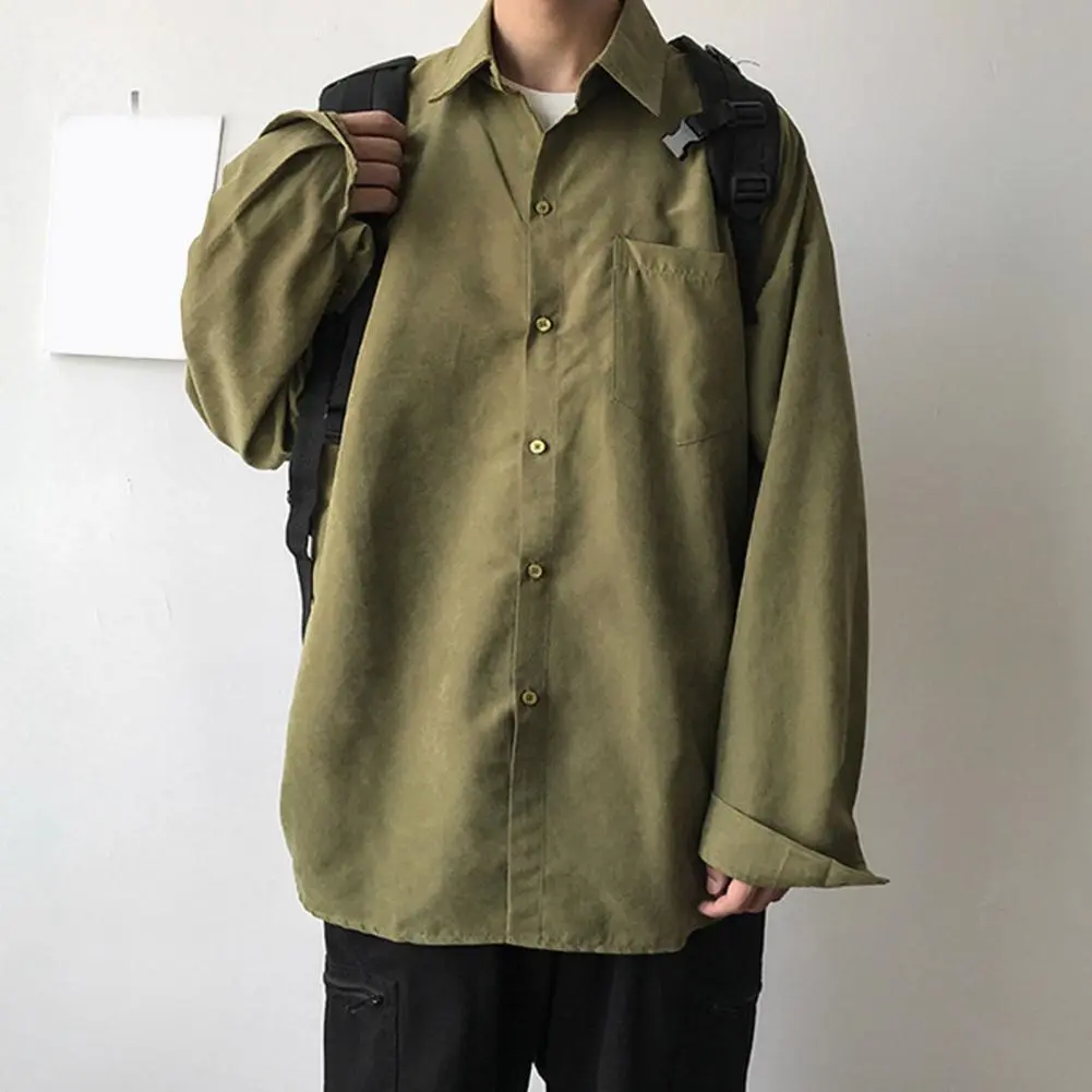 Comfortable Fit Jacket Men's Lapel Long Sleeve Casual Shirt with Patch Pocket Solid Color Single Breasted Top Loose for Everyday