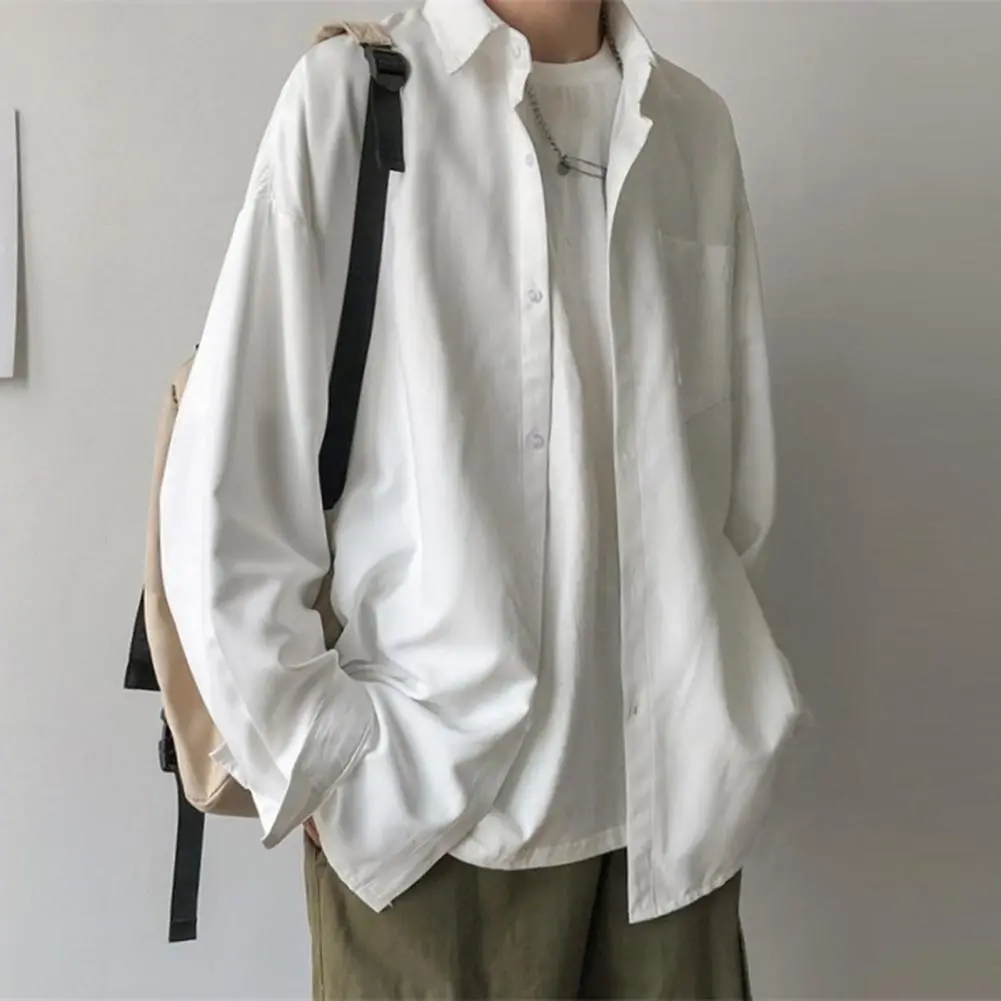 Comfortable Fit Jacket Men's Lapel Long Sleeve Casual Shirt with Patch Pocket Solid Color Single Breasted Top Loose for Everyday