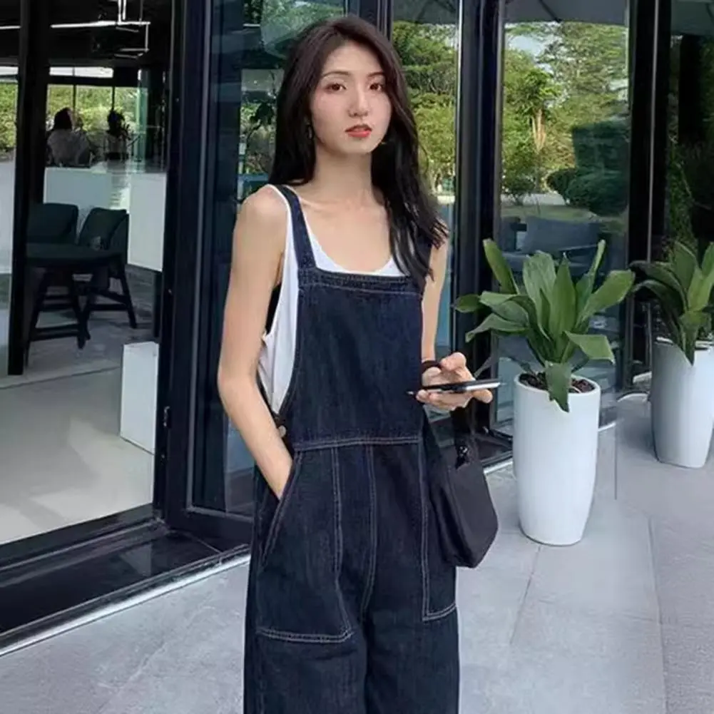 Women Cotton Blend Jumpsuit Stylish Women's Denim Jumpsuits Sleeveless Square Neck Rompers with Wide Leg Pant Casual for Summer