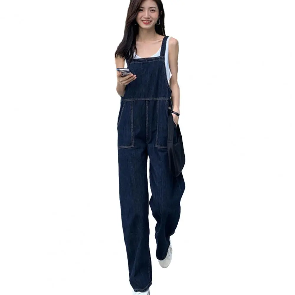 Women Cotton Blend Jumpsuit Stylish Women's Denim Jumpsuits Sleeveless Square Neck Rompers with Wide Leg Pant Casual for Summer