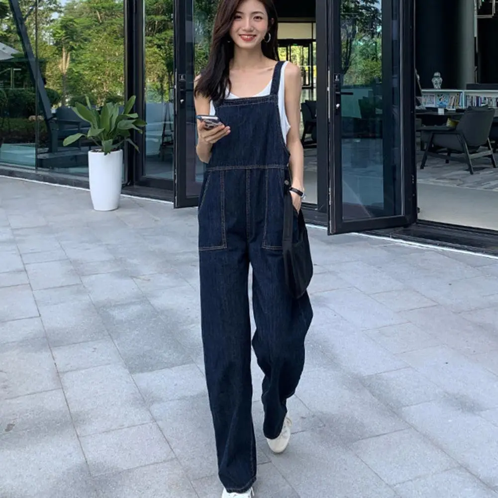 Women Cotton Blend Jumpsuit Stylish Women's Denim Jumpsuits Sleeveless Square Neck Rompers with Wide Leg Pant Casual for Summer