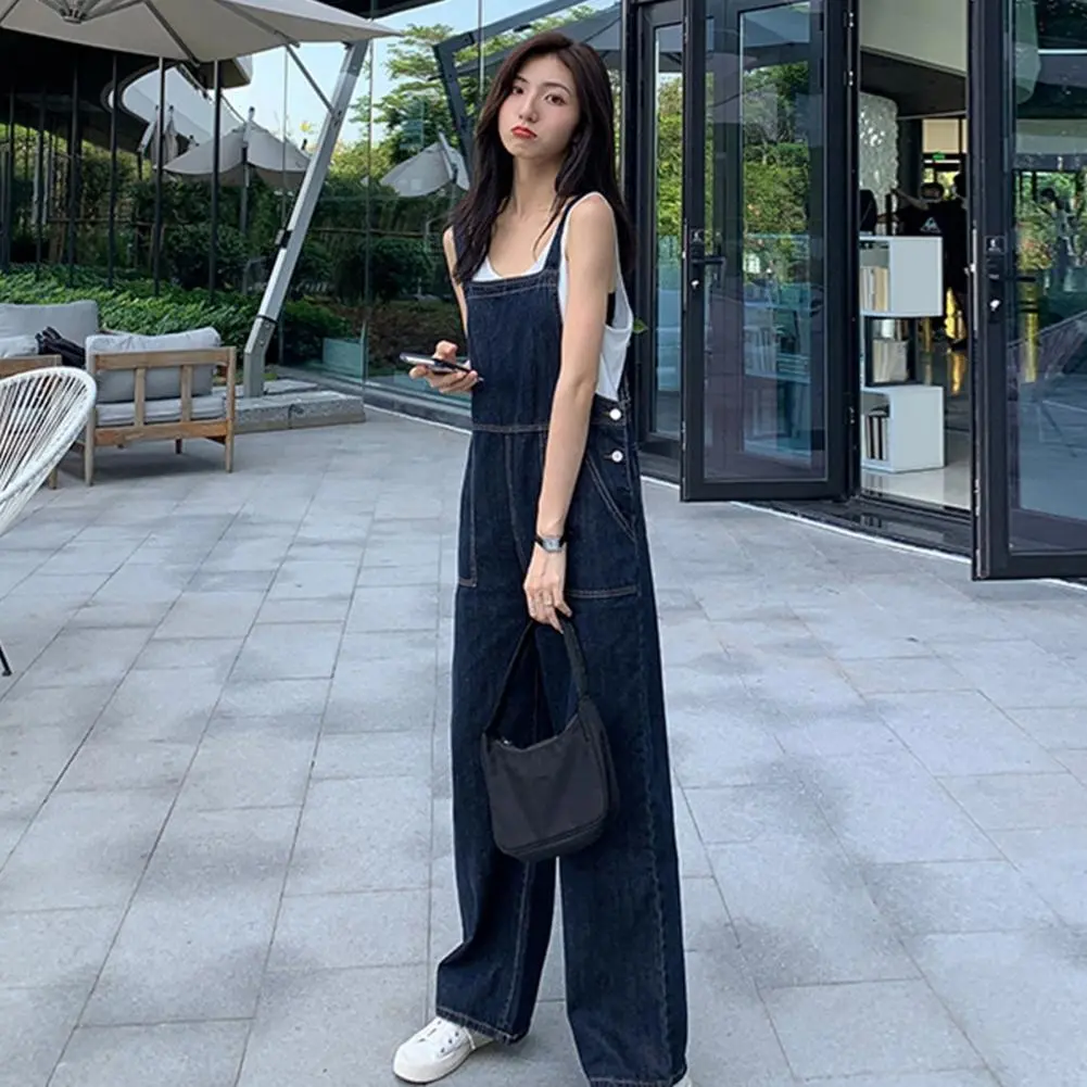 Women Cotton Blend Jumpsuit Stylish Women's Denim Jumpsuits Sleeveless Square Neck Rompers with Wide Leg Pant Casual for Summer