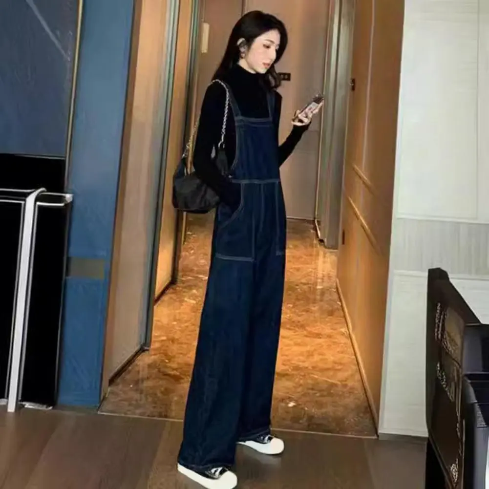Women Cotton Blend Jumpsuit Stylish Women's Denim Jumpsuits Sleeveless Square Neck Rompers with Wide Leg Pant Casual for Summer