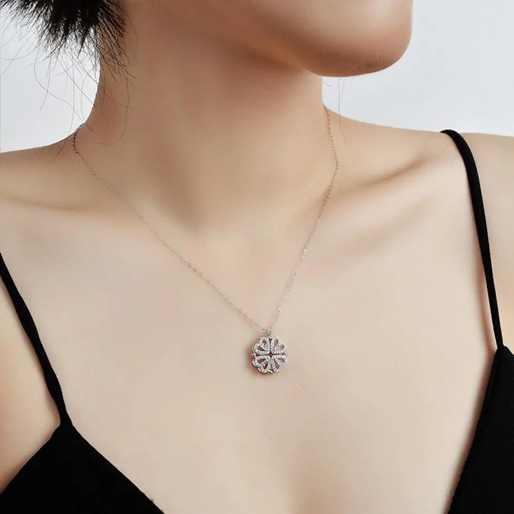 Four-leaf Clover Necklace Convertible Heart Clover Pendant Necklace for Women Valentine's Day Gift Cubic Zirconia Charm Jewelry