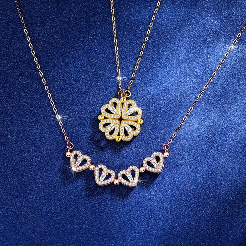 Four-leaf Clover Necklace Convertible Heart Clover Pendant Necklace for Women Valentine's Day Gift Cubic Zirconia Charm Jewelry