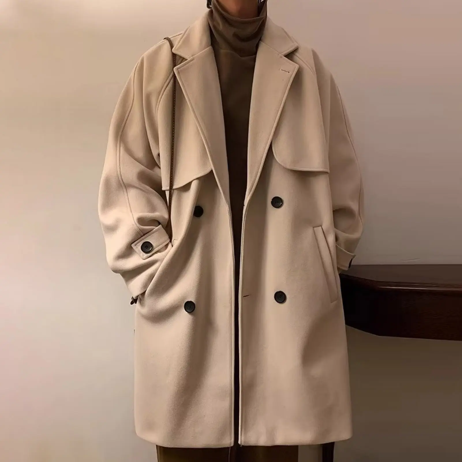 Men Tailored Wool Coat Elegant Men's Woolen Double-breasted Coat with Lapel Pockets Stylish Mid-length Winter for Men for Cold