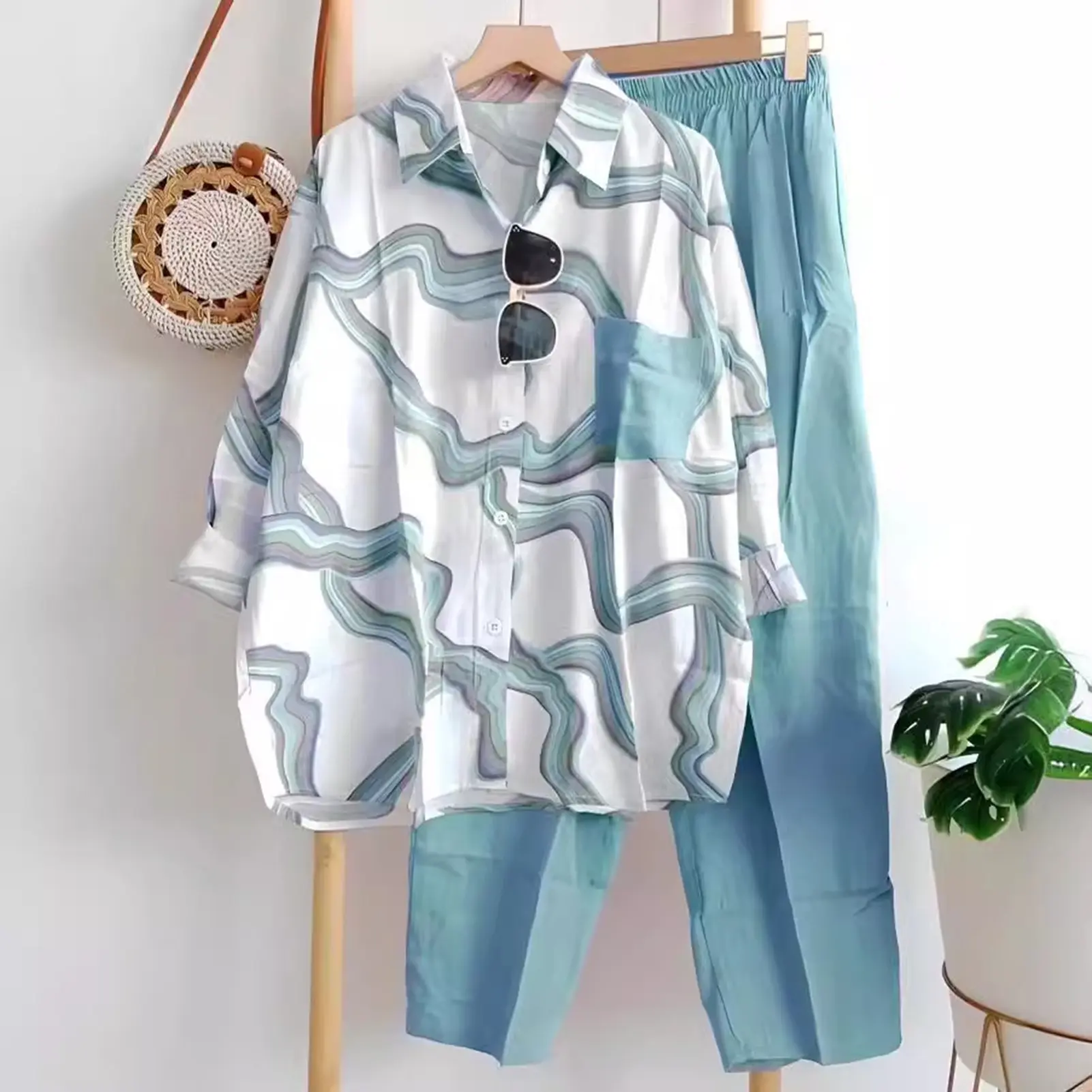Women Tracksuit Two Piece Set 2025 Summer Casual Loose Solid Blouse T-shirt Wide Leg Pants Suit Outfits 2 Piece Set