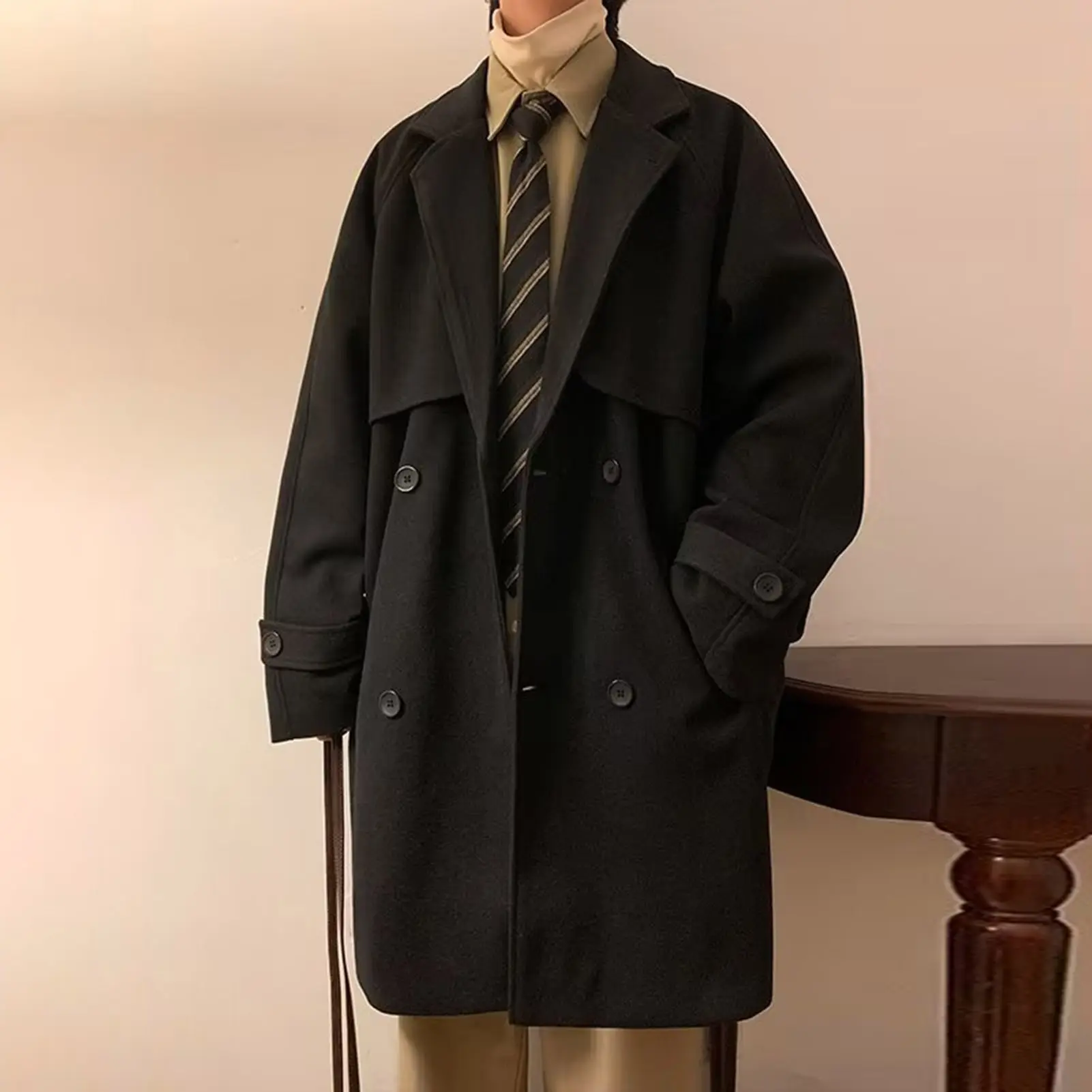 Men Tailored Wool Coat Elegant Men's Woolen Double-breasted Coat with Lapel Pockets Stylish Mid-length Winter for Men for Cold