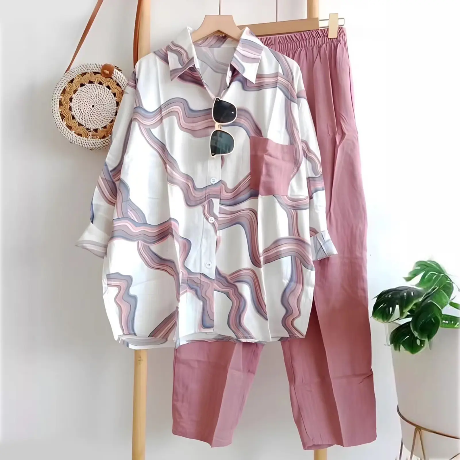 Women Tracksuit Two Piece Set 2025 Summer Casual Loose Solid Blouse T-shirt Wide Leg Pants Suit Outfits 2 Piece Set
