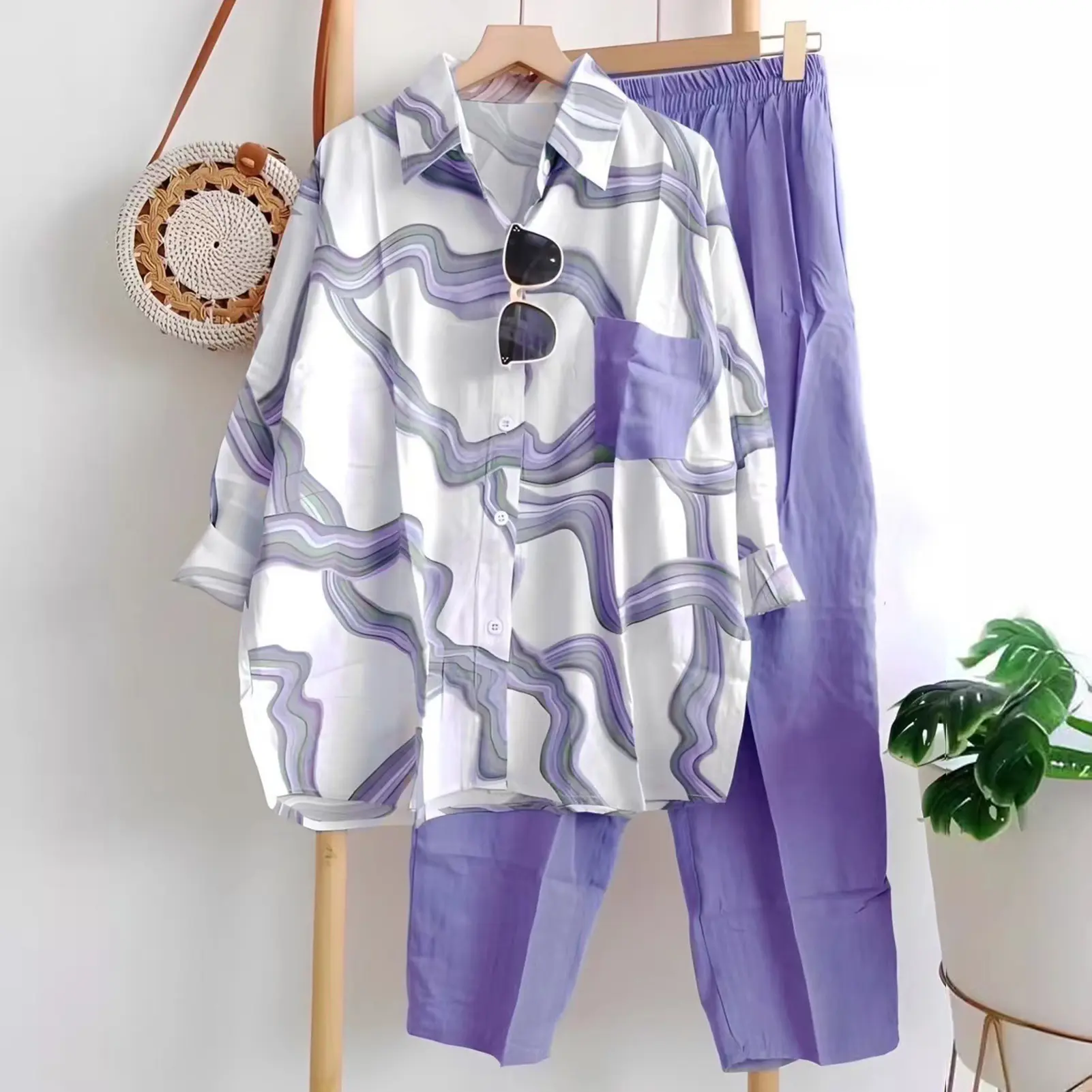 Women Tracksuit Two Piece Set 2025 Summer Casual Loose Solid Blouse T-shirt Wide Leg Pants Suit Outfits 2 Piece Set