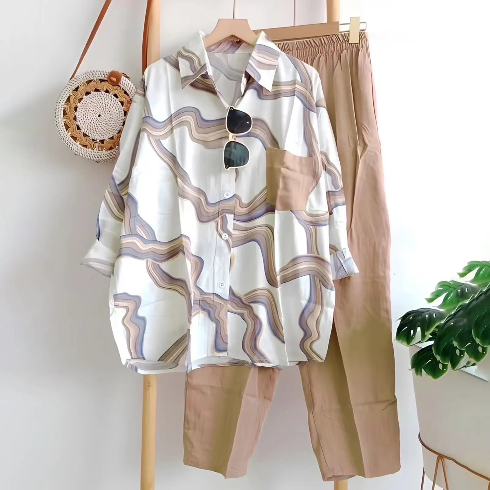 Women Tracksuit Two Piece Set 2025 Summer Casual Loose Solid Blouse T-shirt Wide Leg Pants Suit Outfits 2 Piece Set