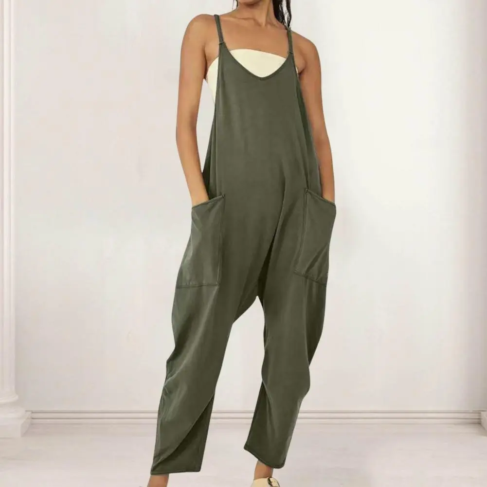 Casual Loose Jumpsuit Women Spaghetti Long Camis Summer Solid Cotton Linen Strap Wide Leg Pants Bib Overalls Sleeveless Jumpsuit