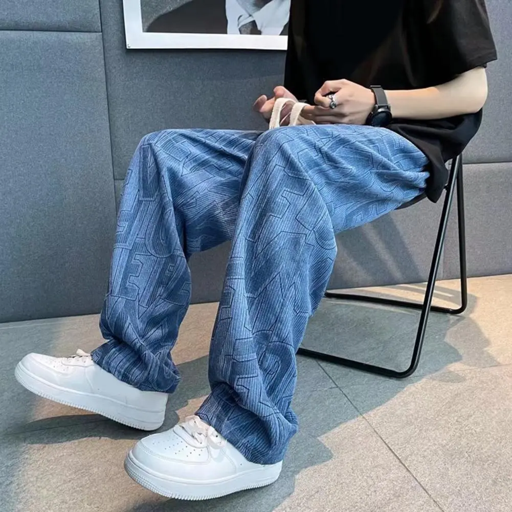 Straight-legged Men Pants Stylish Men's Corduroy Pants with Adjustable Drawstring Waist Wide Leg Design Letter Print Detail