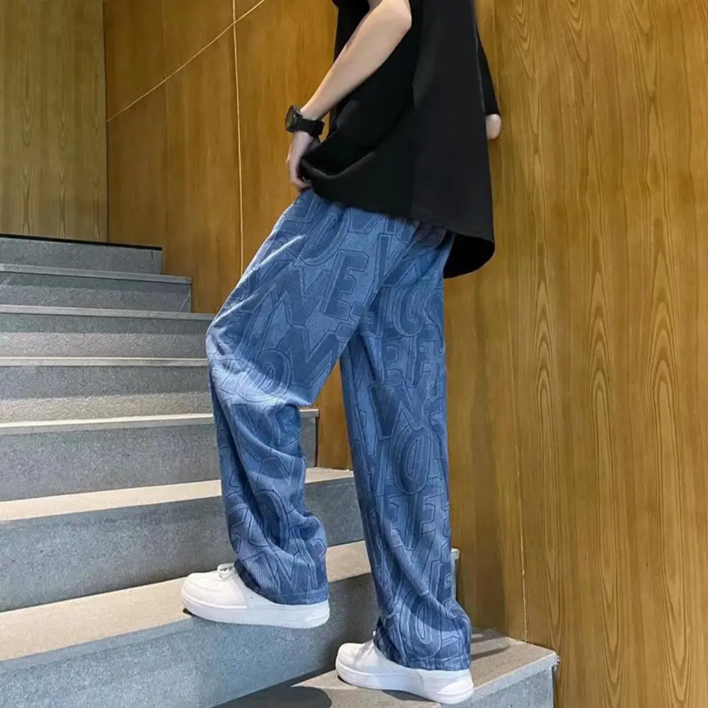 Straight-legged Men Pants Stylish Men's Corduroy Pants with Adjustable Drawstring Waist Wide Leg Design Letter Print Detail
