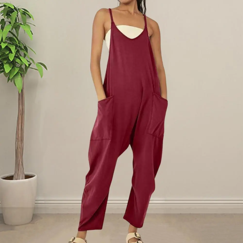 Casual Loose Jumpsuit Women Spaghetti Long Camis Summer Solid Cotton Linen Strap Wide Leg Pants Bib Overalls Sleeveless Jumpsuit