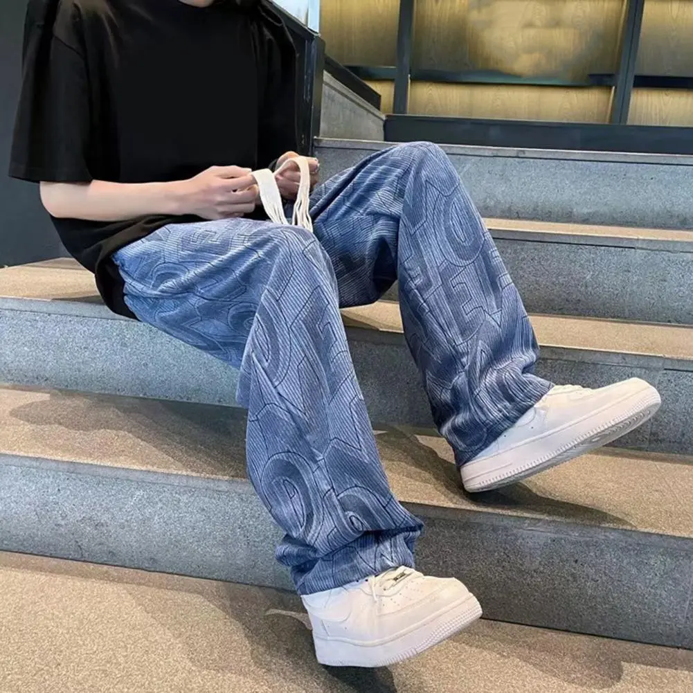 Straight-legged Men Pants Stylish Men's Corduroy Pants with Adjustable Drawstring Waist Wide Leg Design Letter Print Detail